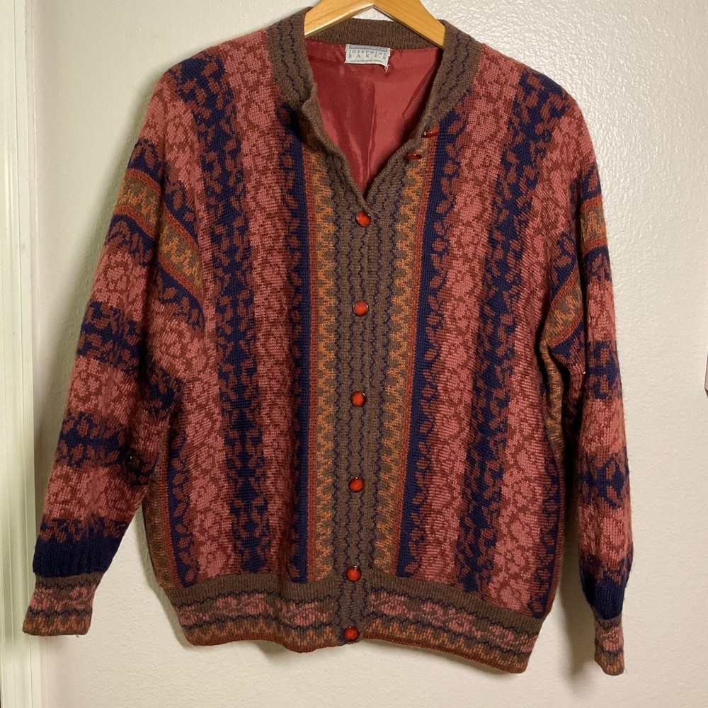 Josephine Baker vintage button down‎ women’s cardigan. Brown,navy blue,coral. XL